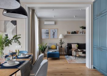 Tágas konyha, napfényes, nyárias hangulat homok-tenger színsémával, 108m2