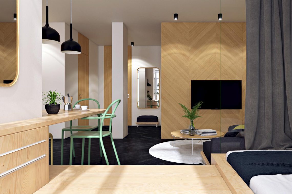 Tér kreatív és nem szokványos elrendezése fiatal nő 40m2-es lakásában