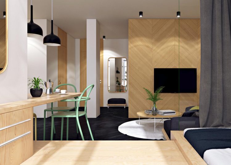 Tér kreatív és nem szokványos elrendezése fiatal nő 40m2-es lakásában