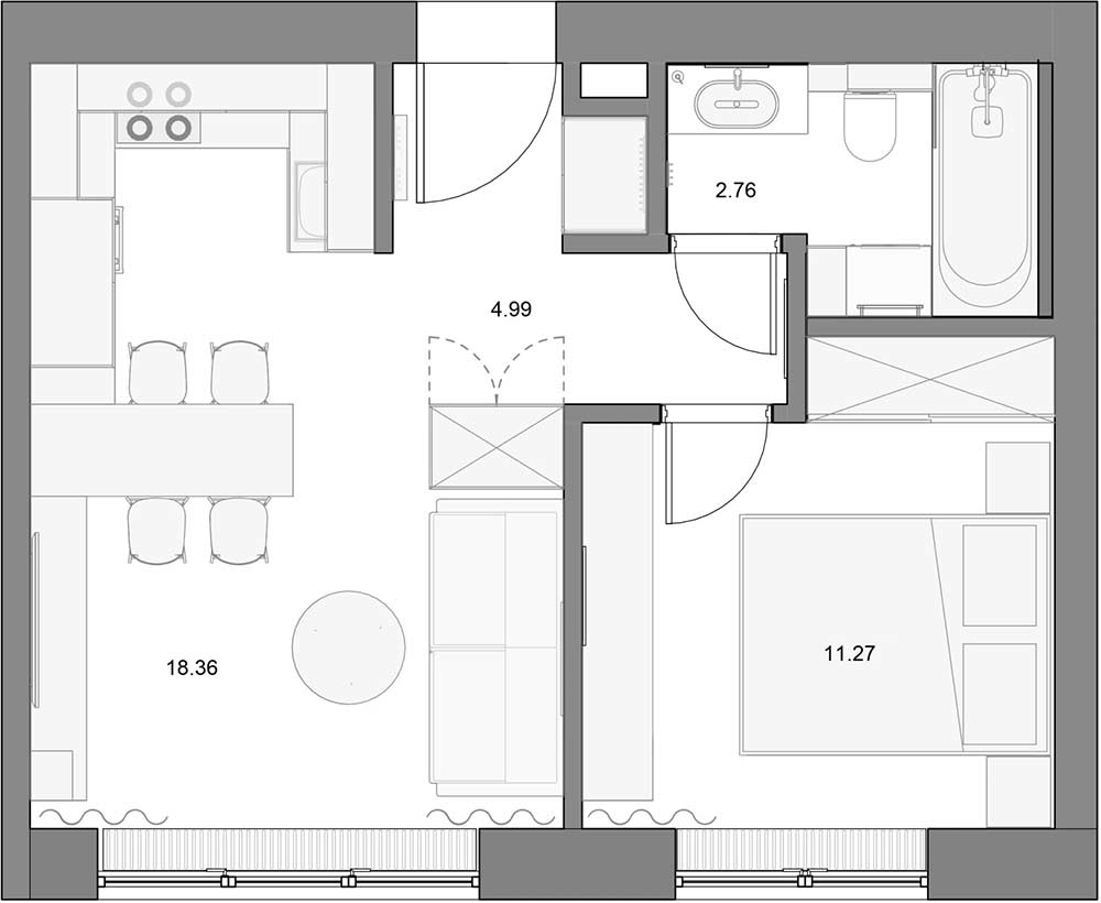 37m2-es lakás modern, egységes, túlzás nélkül berendezett terei fiatal párnak