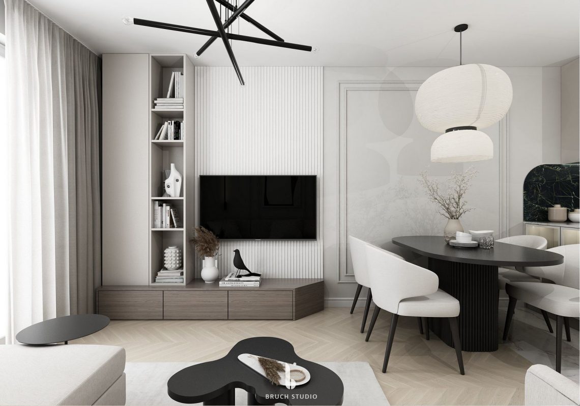 Elegáns, harmonikus monokróm lakberendezés 40m2-es lakásban