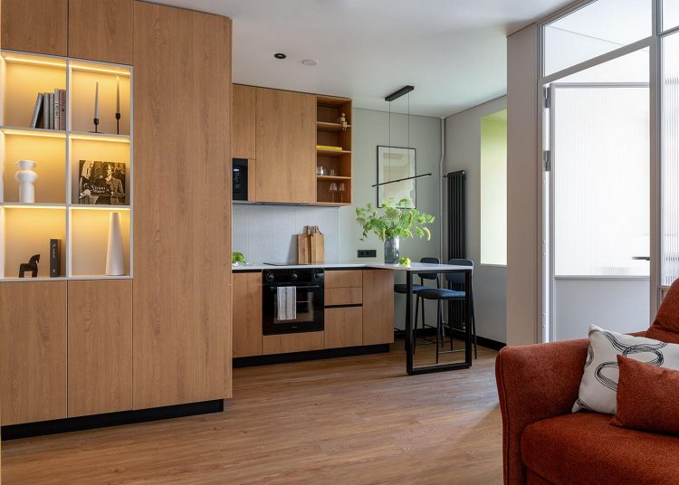 Finoman férfias modern design meleg faburkolatokkal 39m2