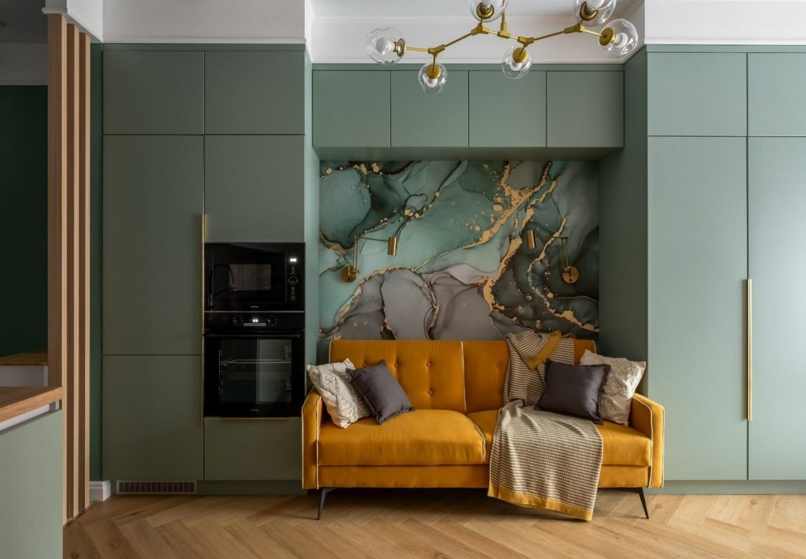 Funkcionális, ugyanakkor vonzó kislakás berendezés keskeny téglalap területen