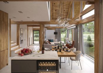 Vidéki otthon erdővel körbevéve, favázas ház otthonos, skandináv stílusú berendezéssel