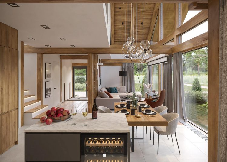 Vidéki otthon erdővel körbevéve, favázas ház otthonos, skandináv stílusú berendezéssel