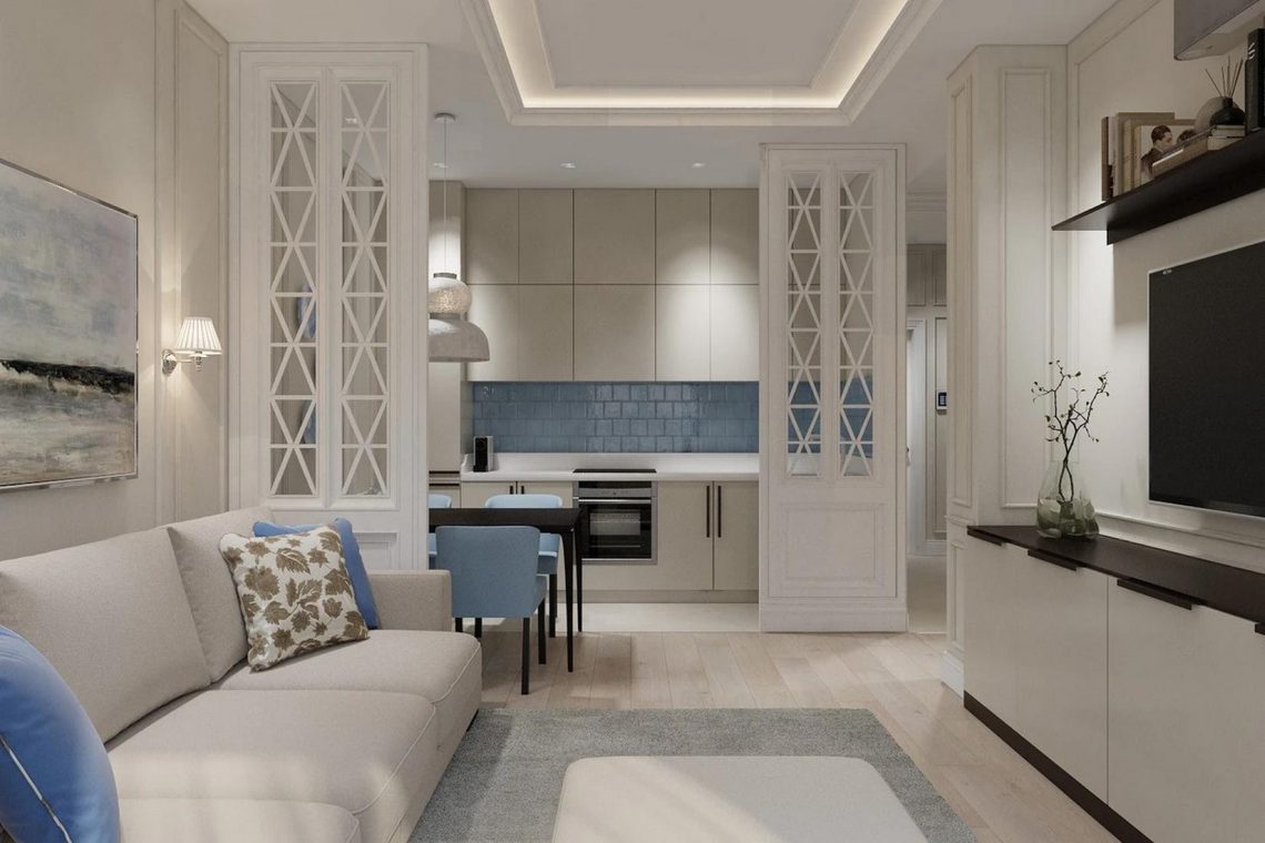 Visszafogott, kifinomult színpaletta bézs, fehér, szürke és kék árnyalatokkal 91m2-es lakásban