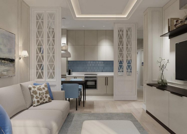 Visszafogott, kifinomult színpaletta bézs, fehér, szürke és kék árnyalatokkal 91m2-es lakásban