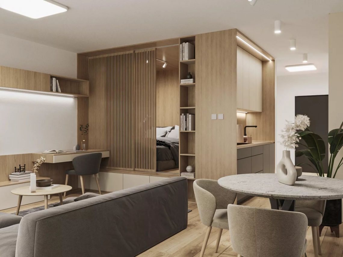 Kis tér maximális kihasználására összpontosító lakásberendezés egy fiatal ügyfélnek