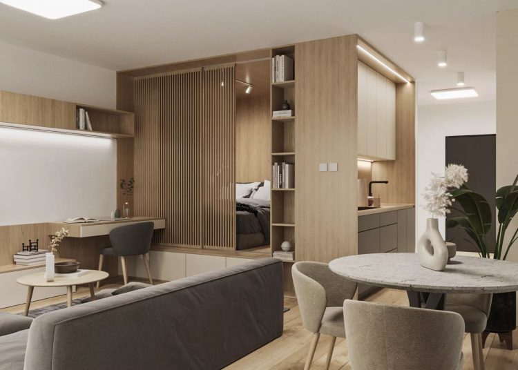 Kis tér maximális kihasználására összpontosító lakásberendezés egy fiatal ügyfélnek