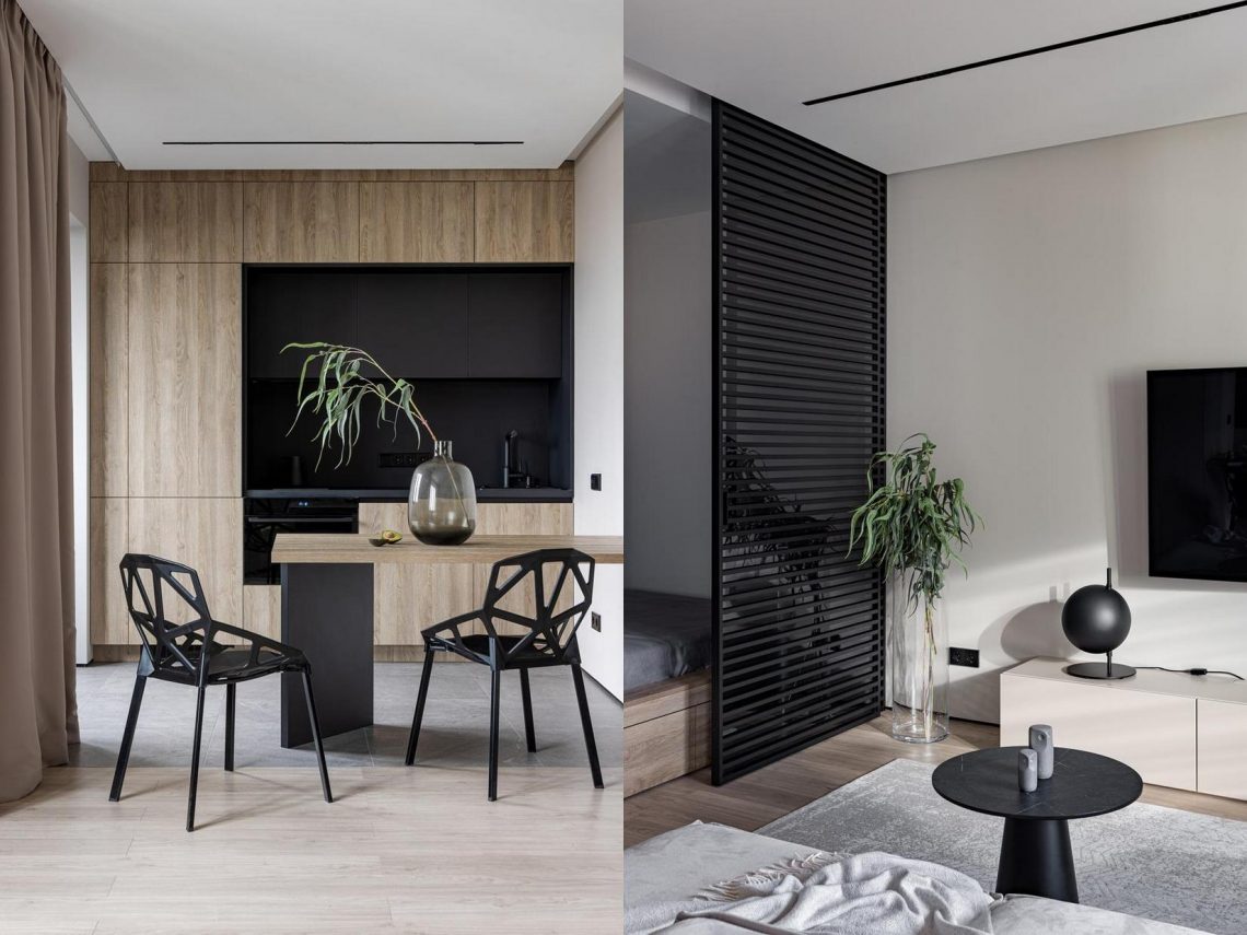 Letisztult, modern berendezés és otthoni munkához hely férfi 45m2-es lakásában