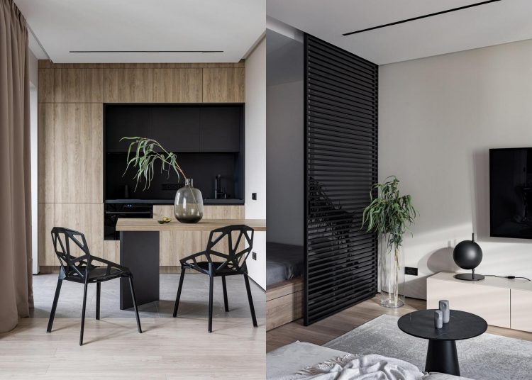 Letisztult, modern berendezés és otthoni munkához hely férfi 45m2-es lakásában