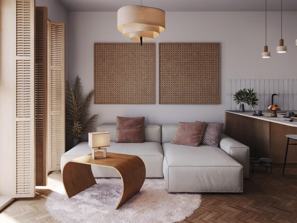 Otthonos, letisztult, modern skandináv stílus természetes anyagokkal és színekkel 48m2-en
