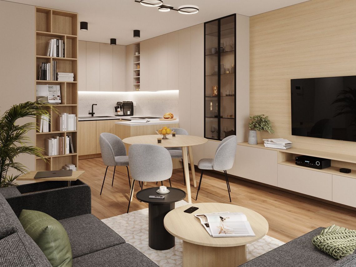 Otthonos, modern, funkcionális berendezés két dolgozósarokkal, bézs és fa tónusokkal