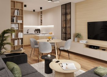 Otthonos, modern, funkcionális berendezés két dolgozósarokkal, bézs és fa tónusokkal