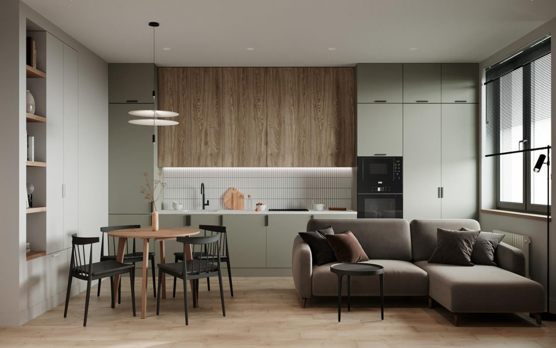 Térelválasztó fal mennyezetig érő tolóajtókkal, minimalista, letisztult berendezés 40m2-en