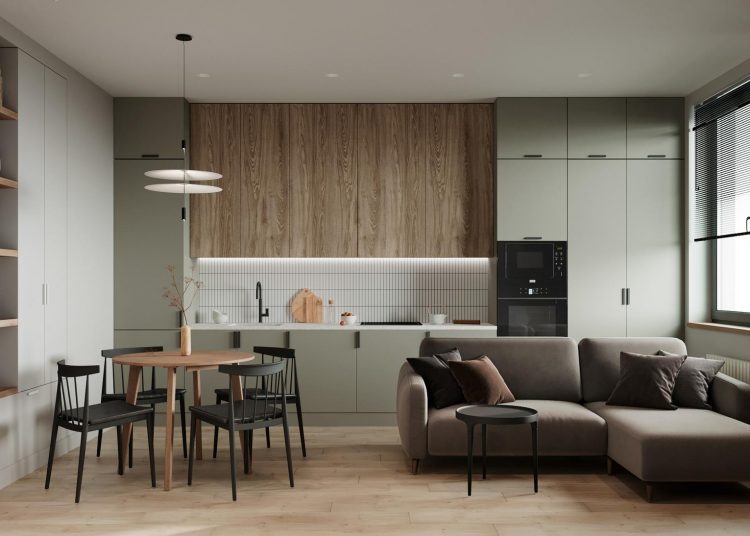 Térelválasztó fal mennyezetig érő tolóajtókkal, minimalista, letisztult berendezés 40m2-en