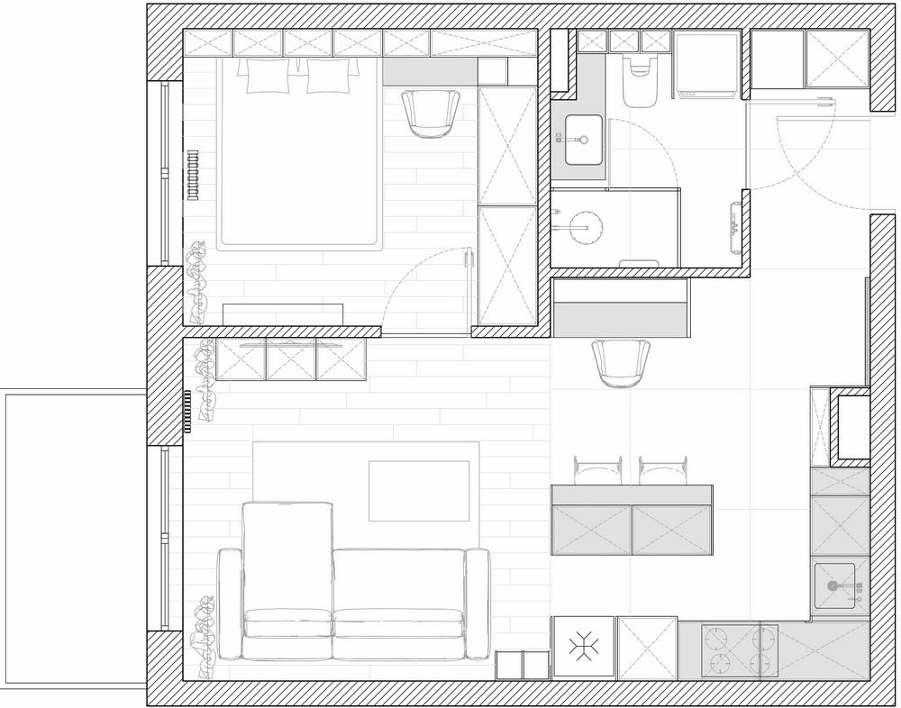 Szuper konyha-nappali tér munkasarokkal egy tágasra hangolt 44m2-es lakásban