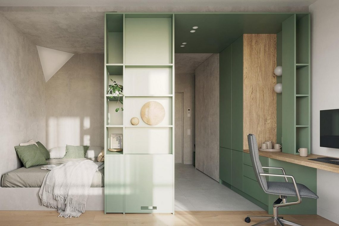 Diáklánynak berendezett 23m2-es lakás lágy szürke, fa és kellemes zöld szín kombinációjával
