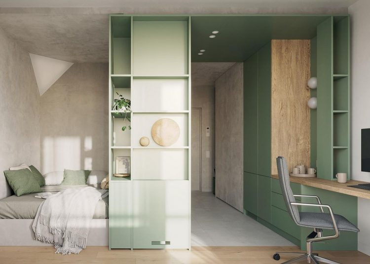 Diáklánynak berendezett 23m2-es lakás lágy szürke, fa és kellemes zöld szín kombinációjával