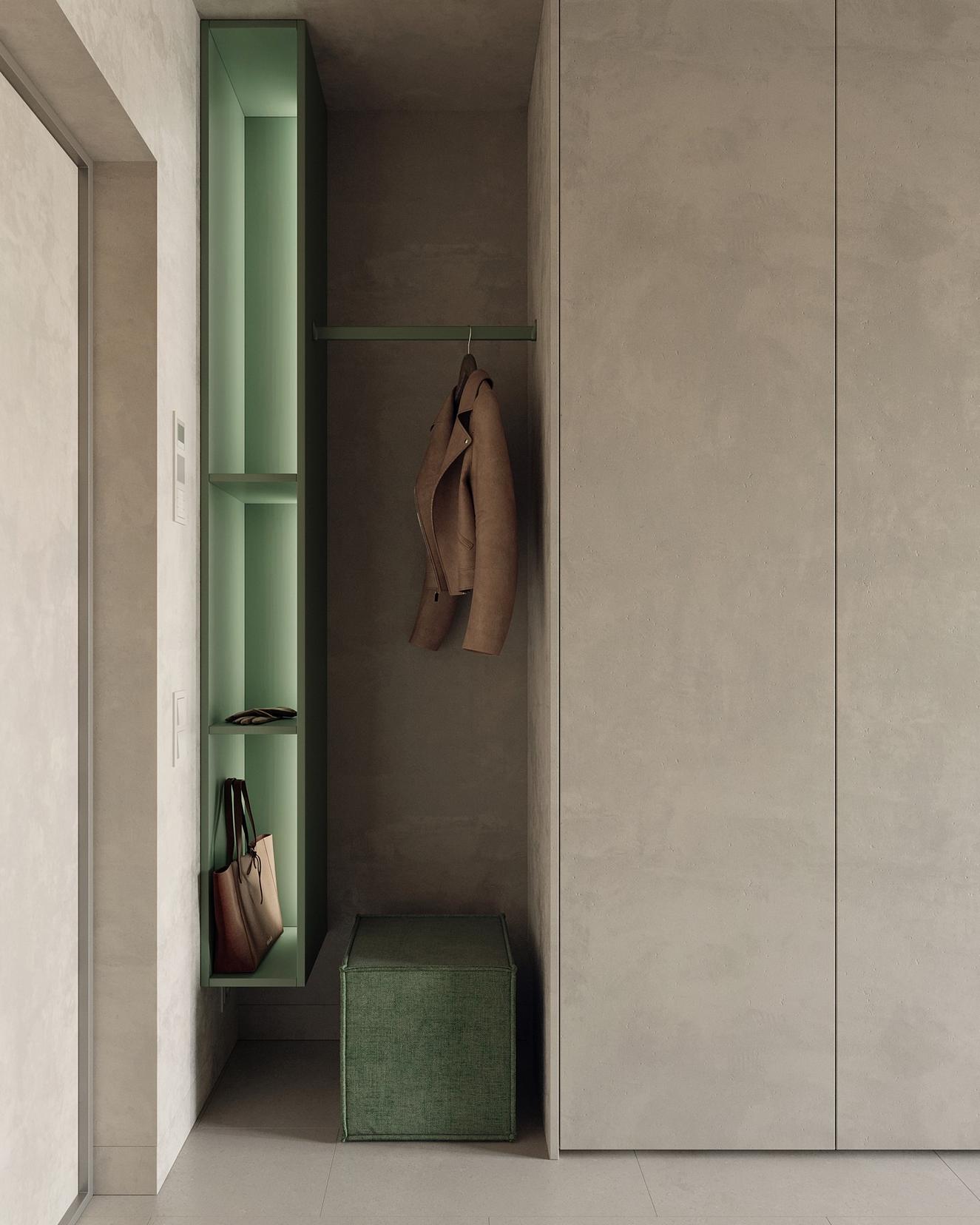 Diáklánynak berendezett 23m2-es lakás lágy szürke, fa és kellemes zöld szín kombinációjával Diáklánynak berendezett 23m2-es lakás lágy szürke, fa és kellemes zöld szín kombinációjával