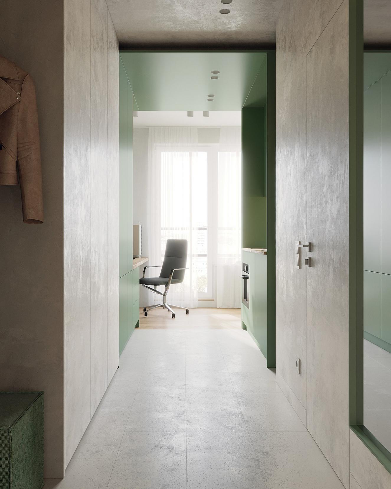 Diáklánynak berendezett 23m2-es lakás lágy szürke, fa és kellemes zöld szín kombinációjával Diáklánynak berendezett 23m2-es lakás lágy szürke, fa és kellemes zöld szín kombinációjával