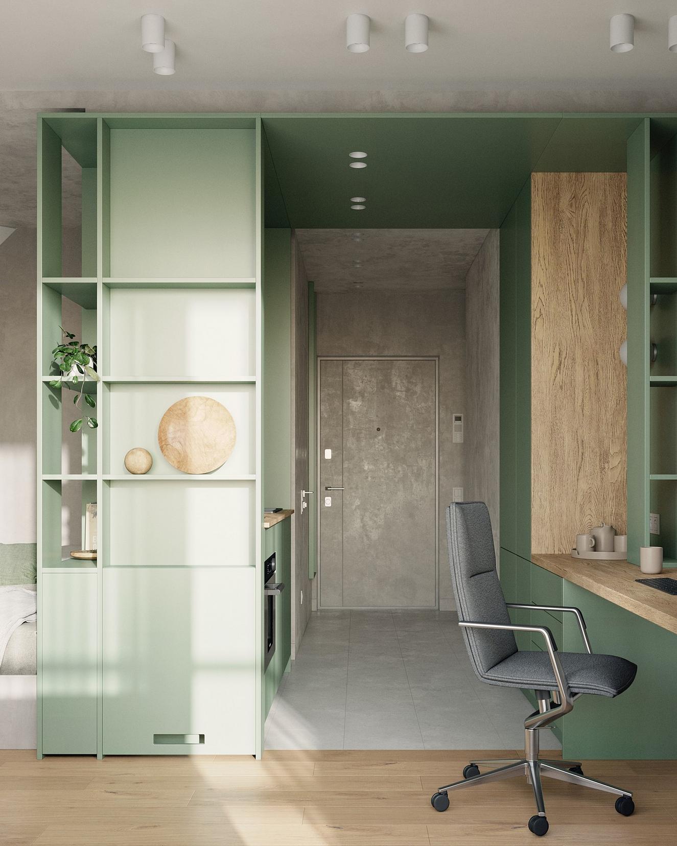 Diáklánynak berendezett 23m2-es lakás lágy szürke, fa és kellemes zöld szín kombinációjával Diáklánynak berendezett 23m2-es lakás lágy szürke, fa és kellemes zöld szín kombinációjával