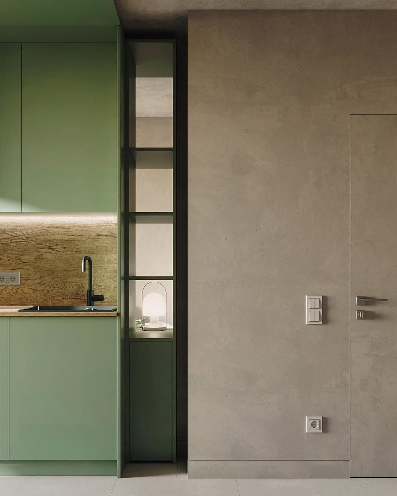 Diáklánynak berendezett 23m2-es lakás lágy szürke, fa és kellemes zöld szín kombinációjával Diáklánynak berendezett 23m2-es lakás lágy szürke, fa és kellemes zöld szín kombinációjával