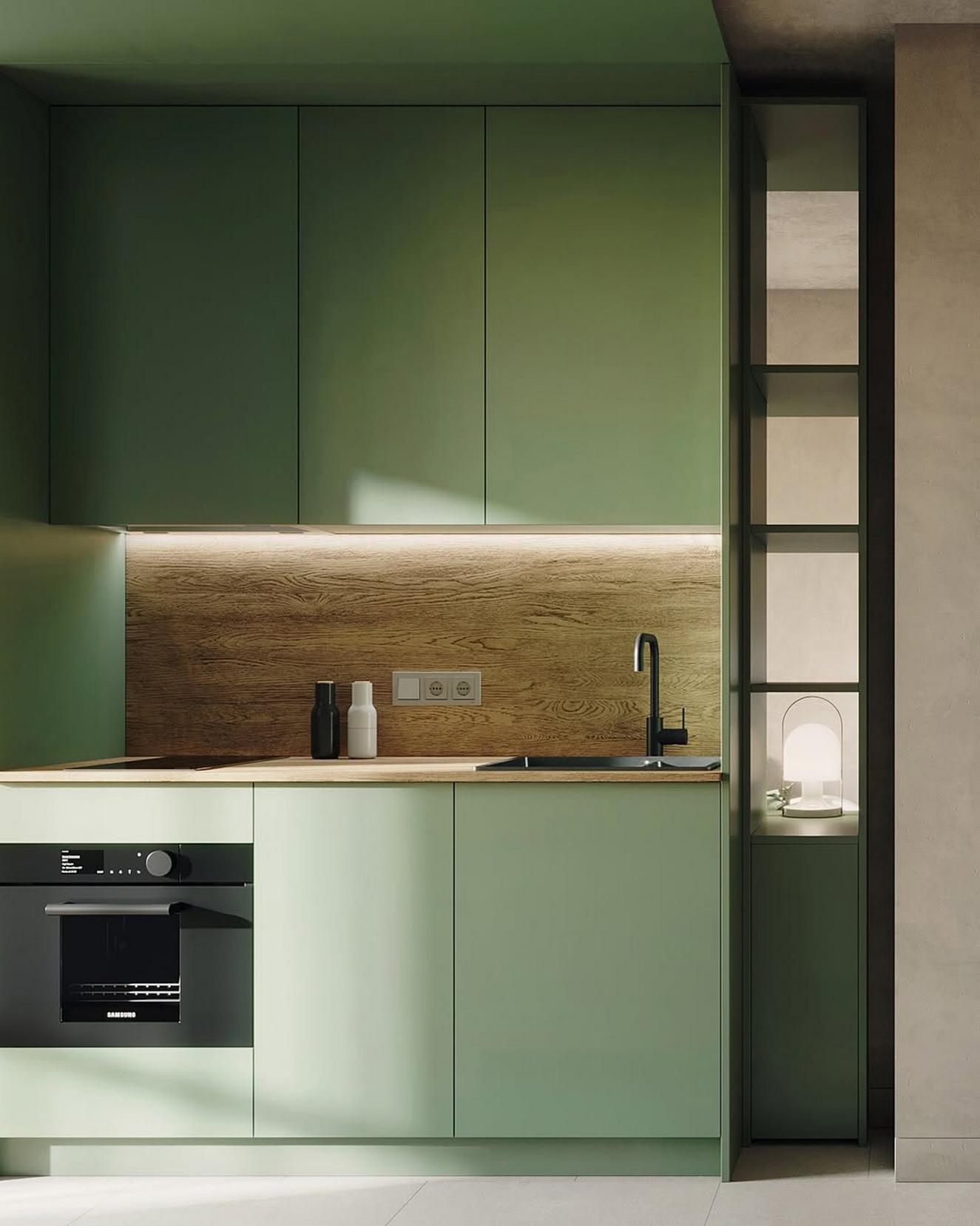 Diáklánynak berendezett 23m2-es lakás lágy szürke, fa és kellemes zöld szín kombinációjával Diáklánynak berendezett 23m2-es lakás lágy szürke, fa és kellemes zöld szín kombinációjával