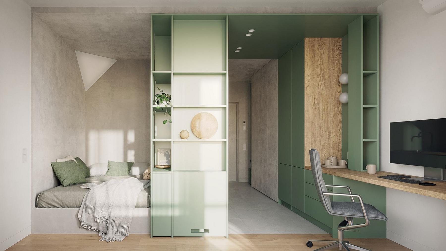 Diáklánynak berendezett 23m2-es lakás lágy szürke, fa és kellemes zöld szín kombinációjával Diáklánynak berendezett 23m2-es lakás lágy szürke, fa és kellemes zöld szín kombinációjával