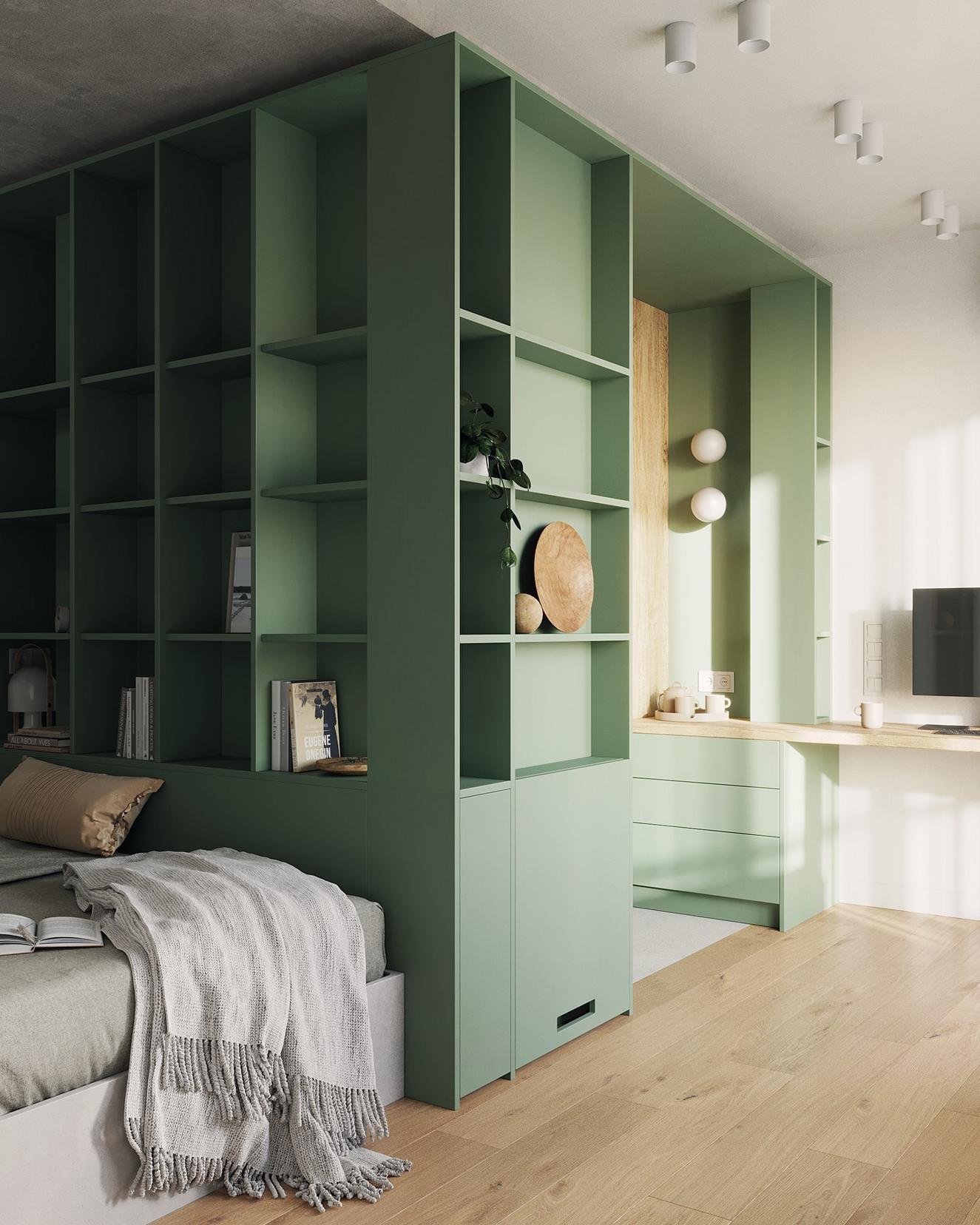 Diáklánynak berendezett 23m2-es lakás lágy szürke, fa és kellemes zöld szín kombinációjával Diáklánynak berendezett 23m2-es lakás lágy szürke, fa és kellemes zöld szín kombinációjával