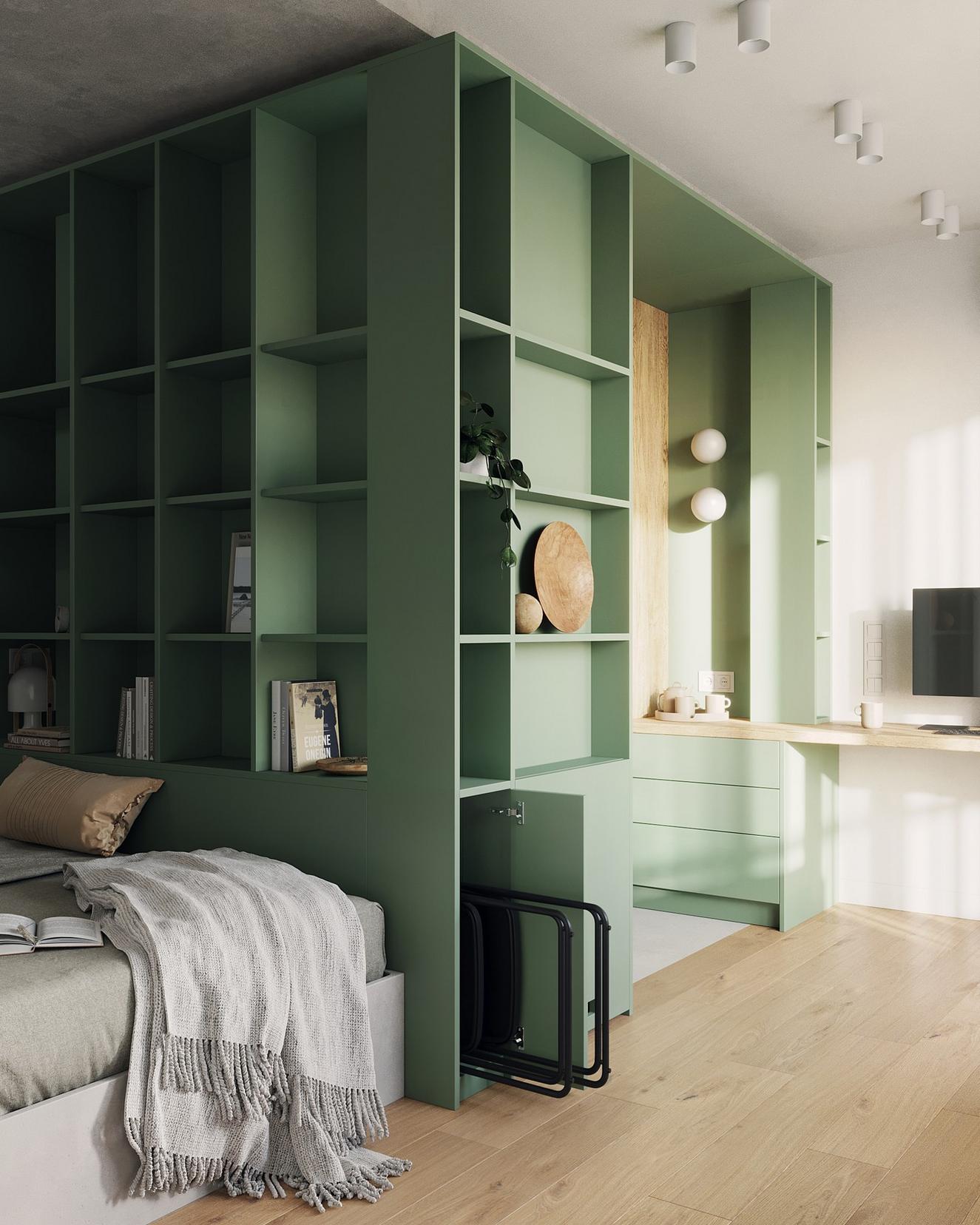 Diáklánynak berendezett 23m2-es lakás lágy szürke, fa és kellemes zöld szín kombinációjával Diáklánynak berendezett 23m2-es lakás lágy szürke, fa és kellemes zöld szín kombinációjával