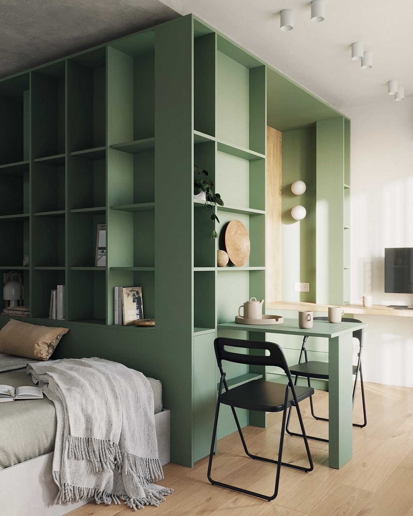 Diáklánynak berendezett 23m2-es lakás lágy szürke, fa és kellemes zöld szín kombinációjával Diáklánynak berendezett 23m2-es lakás lágy szürke, fa és kellemes zöld szín kombinációjával