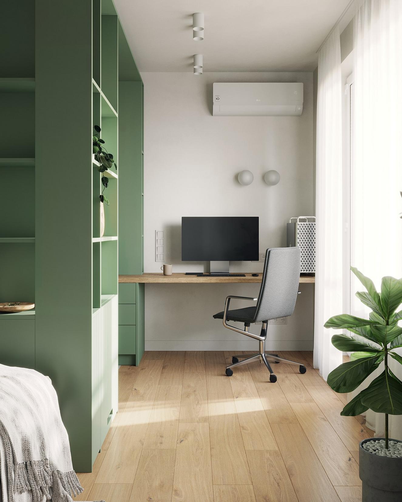Diáklánynak berendezett 23m2-es lakás lágy szürke, fa és kellemes zöld szín kombinációjával Diáklánynak berendezett 23m2-es lakás lágy szürke, fa és kellemes zöld szín kombinációjával