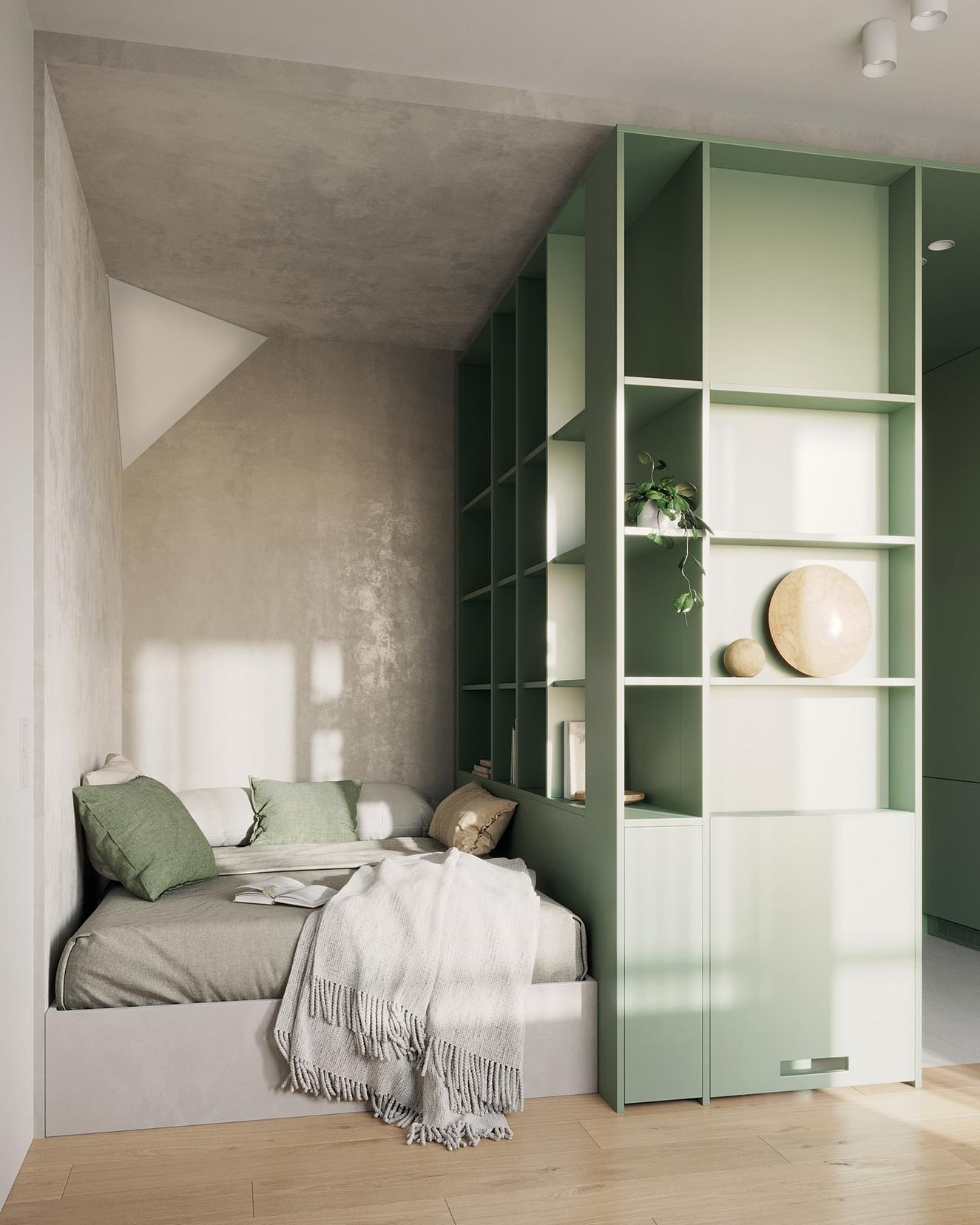 Diáklánynak berendezett 23m2-es lakás lágy szürke, fa és kellemes zöld szín kombinációjával Diáklánynak berendezett 23m2-es lakás lágy szürke, fa és kellemes zöld szín kombinációjával