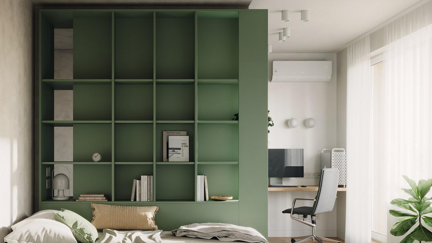 Diáklánynak berendezett 23m2-es lakás lágy szürke, fa és kellemes zöld szín kombinációjával Diáklánynak berendezett 23m2-es lakás lágy szürke, fa és kellemes zöld szín kombinációjával