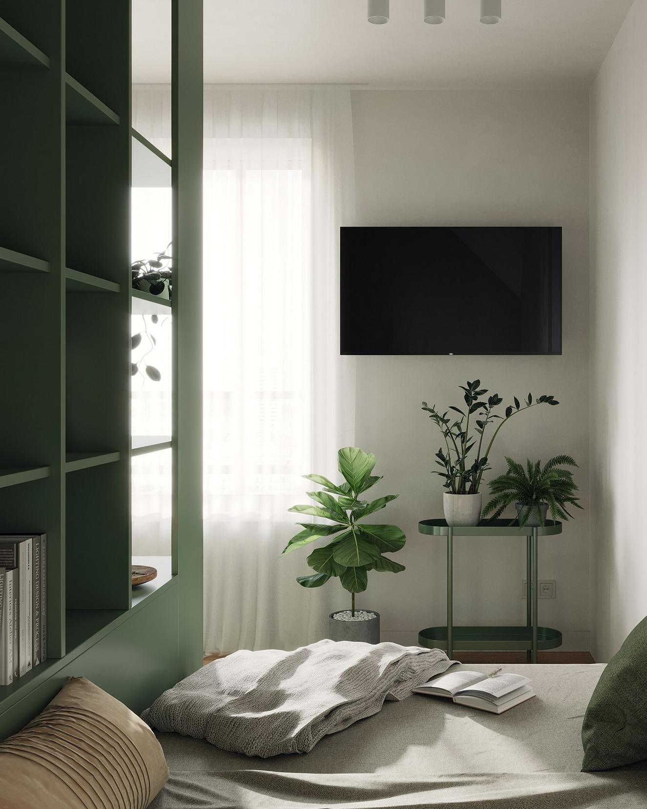 Diáklánynak berendezett 23m2-es lakás lágy szürke, fa és kellemes zöld szín kombinációjával Diáklánynak berendezett 23m2-es lakás lágy szürke, fa és kellemes zöld szín kombinációjával