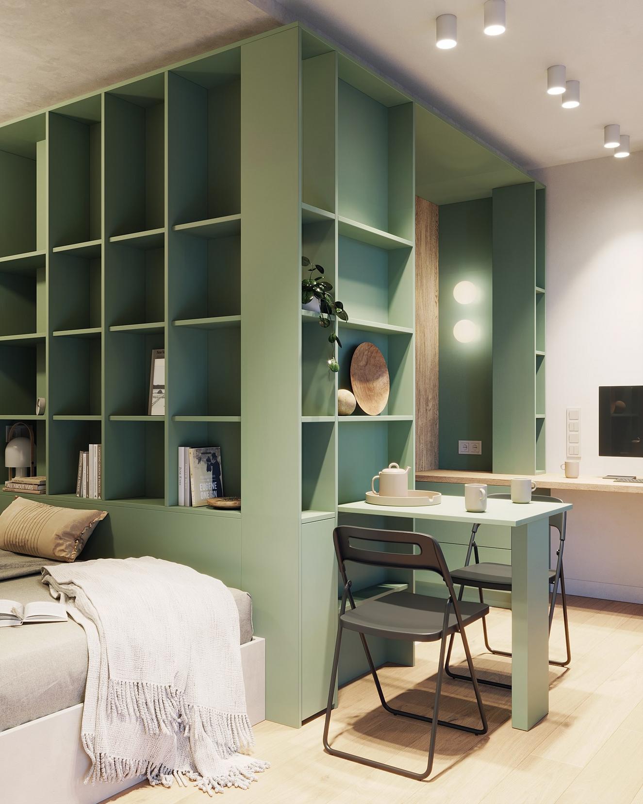 Diáklánynak berendezett 23m2-es lakás lágy szürke, fa és kellemes zöld szín kombinációjával Diáklánynak berendezett 23m2-es lakás lágy szürke, fa és kellemes zöld szín kombinációjával