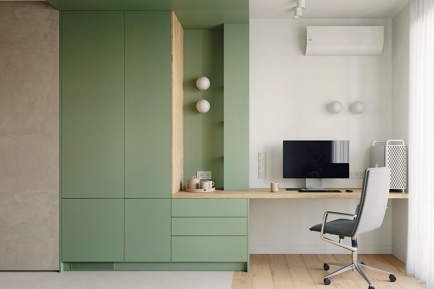 Diáklánynak berendezett 23m2-es lakás lágy szürke, fa és kellemes zöld szín kombinációjával Diáklánynak berendezett 23m2-es lakás lágy szürke, fa és kellemes zöld szín kombinációjával