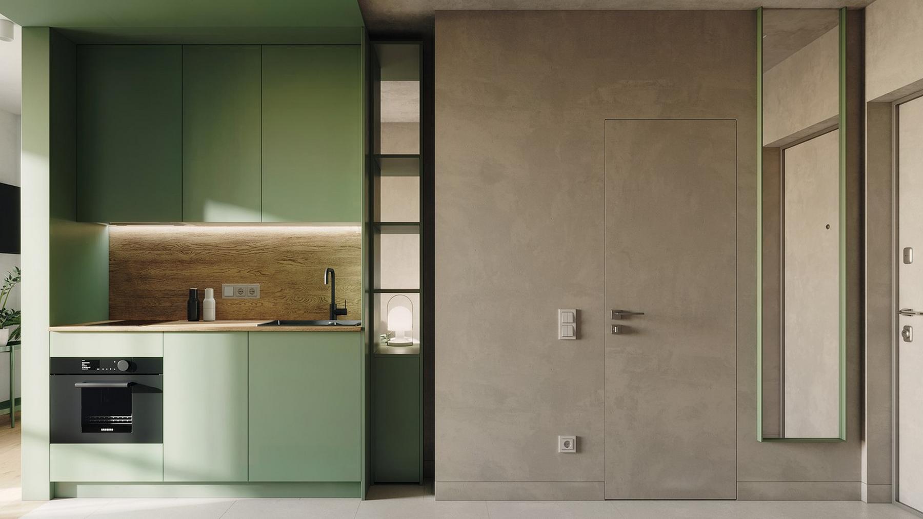 Diáklánynak berendezett 23m2-es lakás lágy szürke, fa és kellemes zöld szín kombinációjával Diáklánynak berendezett 23m2-es lakás lágy szürke, fa és kellemes zöld szín kombinációjával