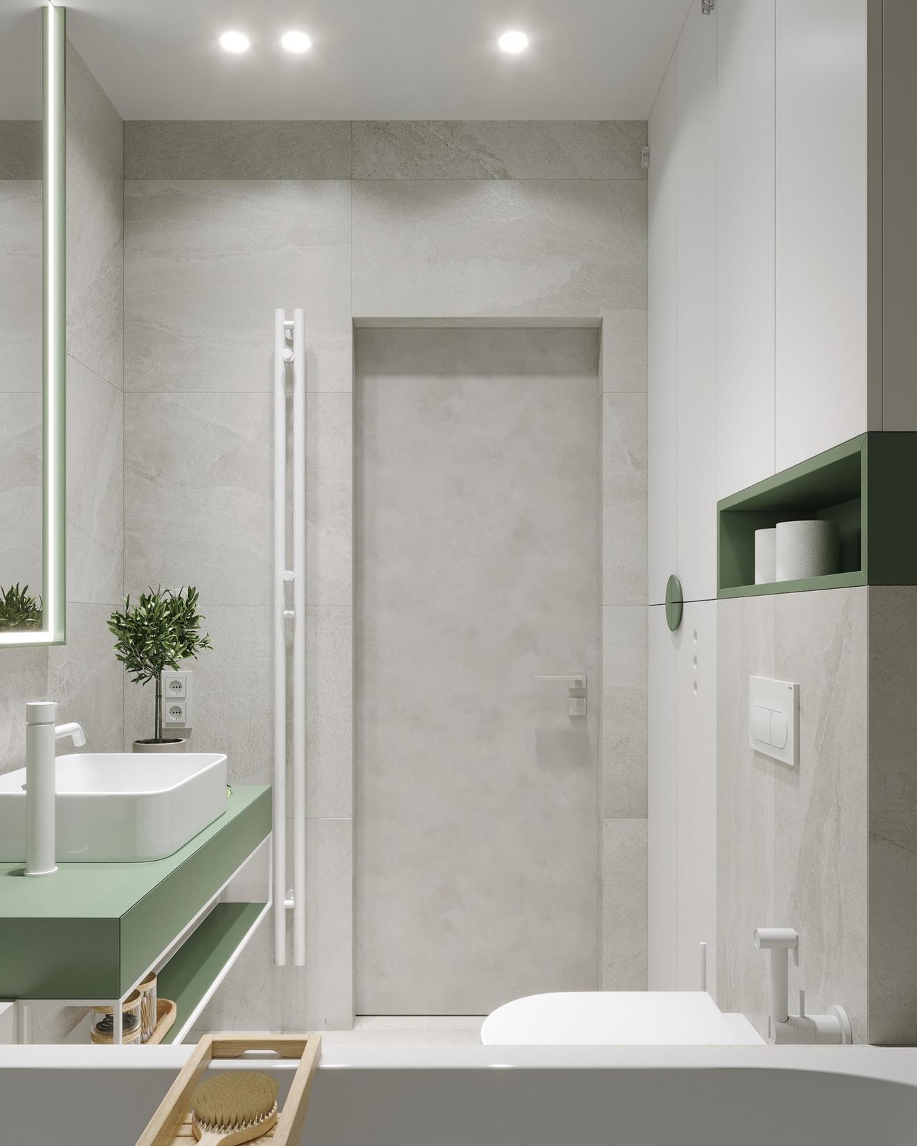 Diáklánynak berendezett 23m2-es lakás lágy szürke, fa és kellemes zöld szín kombinációjával Diáklánynak berendezett 23m2-es lakás lágy szürke, fa és kellemes zöld szín kombinációjával