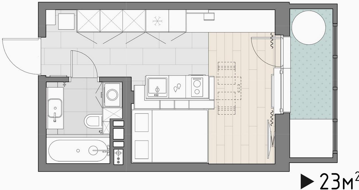 Diáklánynak berendezett 23m2-es lakás lágy szürke, fa és kellemes zöld szín kombinációjával Diáklánynak berendezett 23m2-es lakás lágy szürke, fa és kellemes zöld szín kombinációjával
