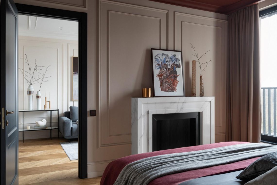 Elegáns berendezés, harmonikus színvilág, átlátszó térelválasztók, 50m2