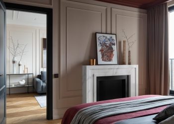 Elegáns berendezés, harmonikus színvilág, átlátszó térelválasztók, 50m2