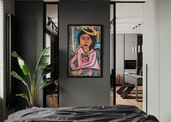 Fiatal nő modern lakása, egyenes vonalak, monokróm színpaletta, 43m2