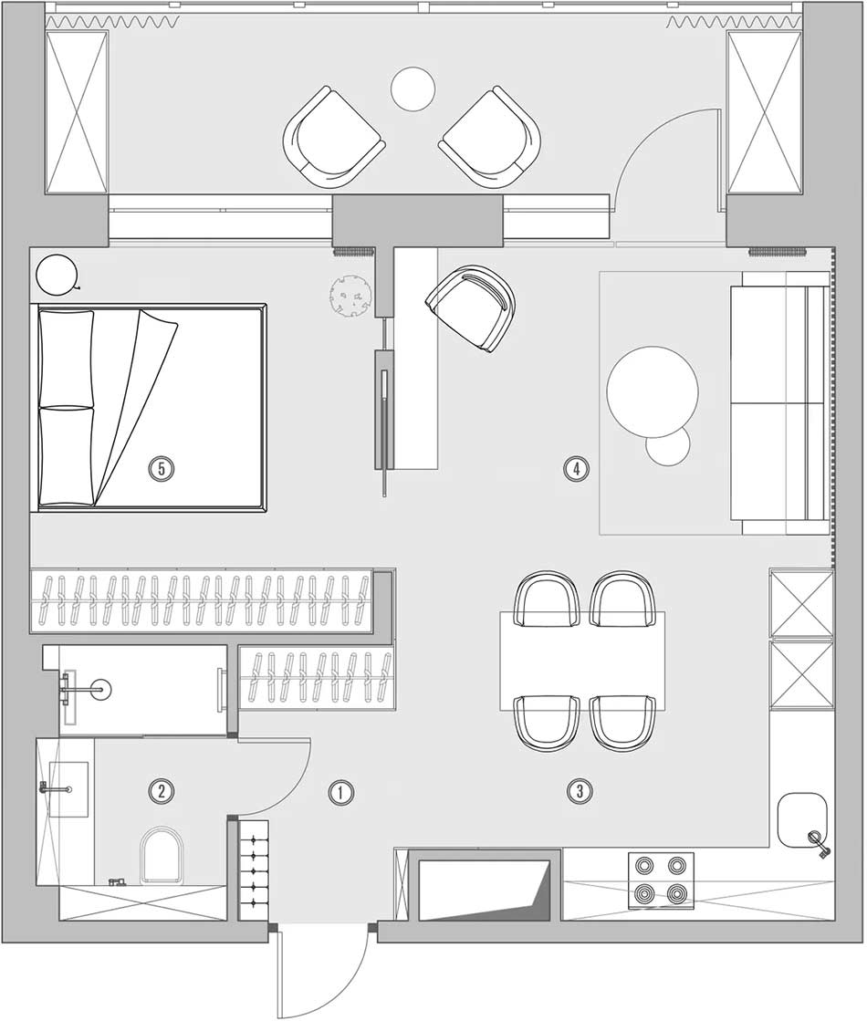 Fiatal nő modern lakása, egyenes vonalak, monokróm színpaletta, 43m2