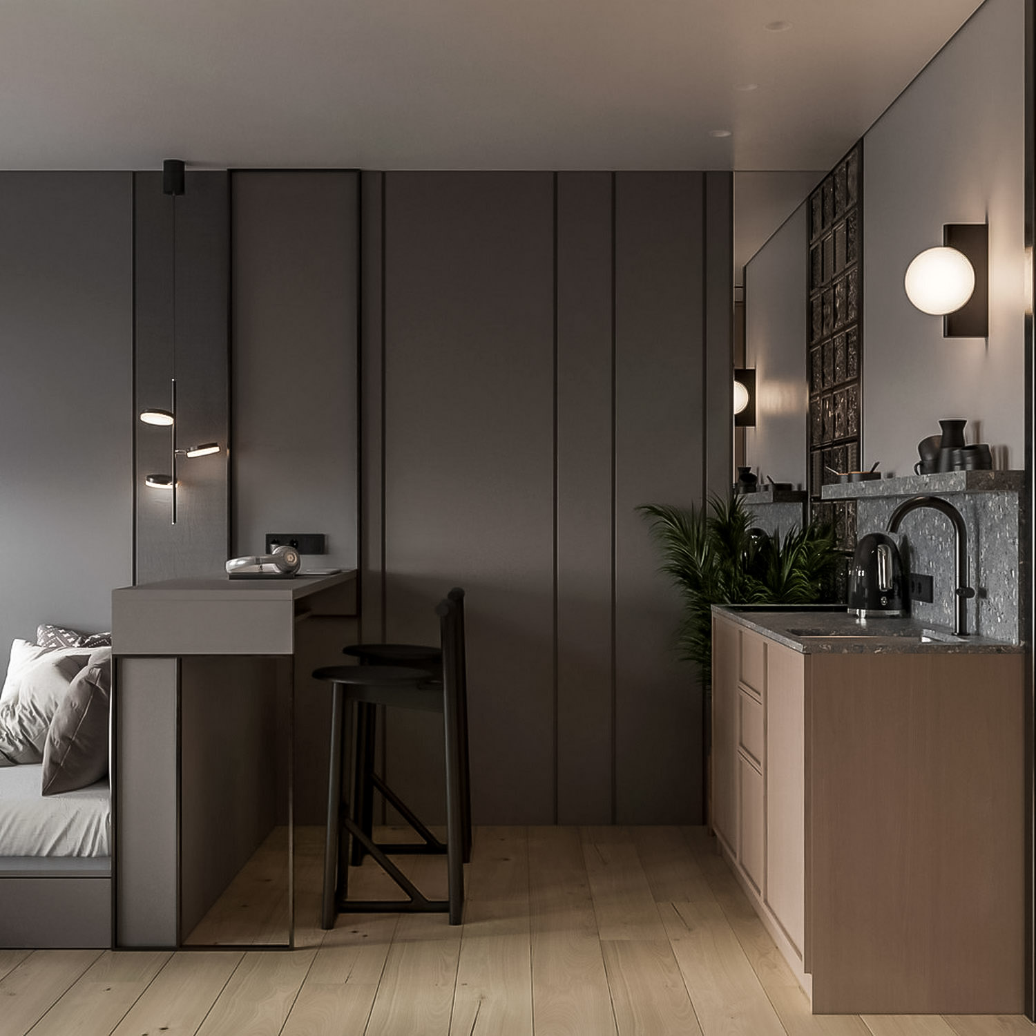 Fiatal jogász férfi mini lakása, stílusos, szigorú, igényes tér 24m2-en Fiatal jogász férfi mini lakása, stílusos, szigorú, igényes tér 24m2-en