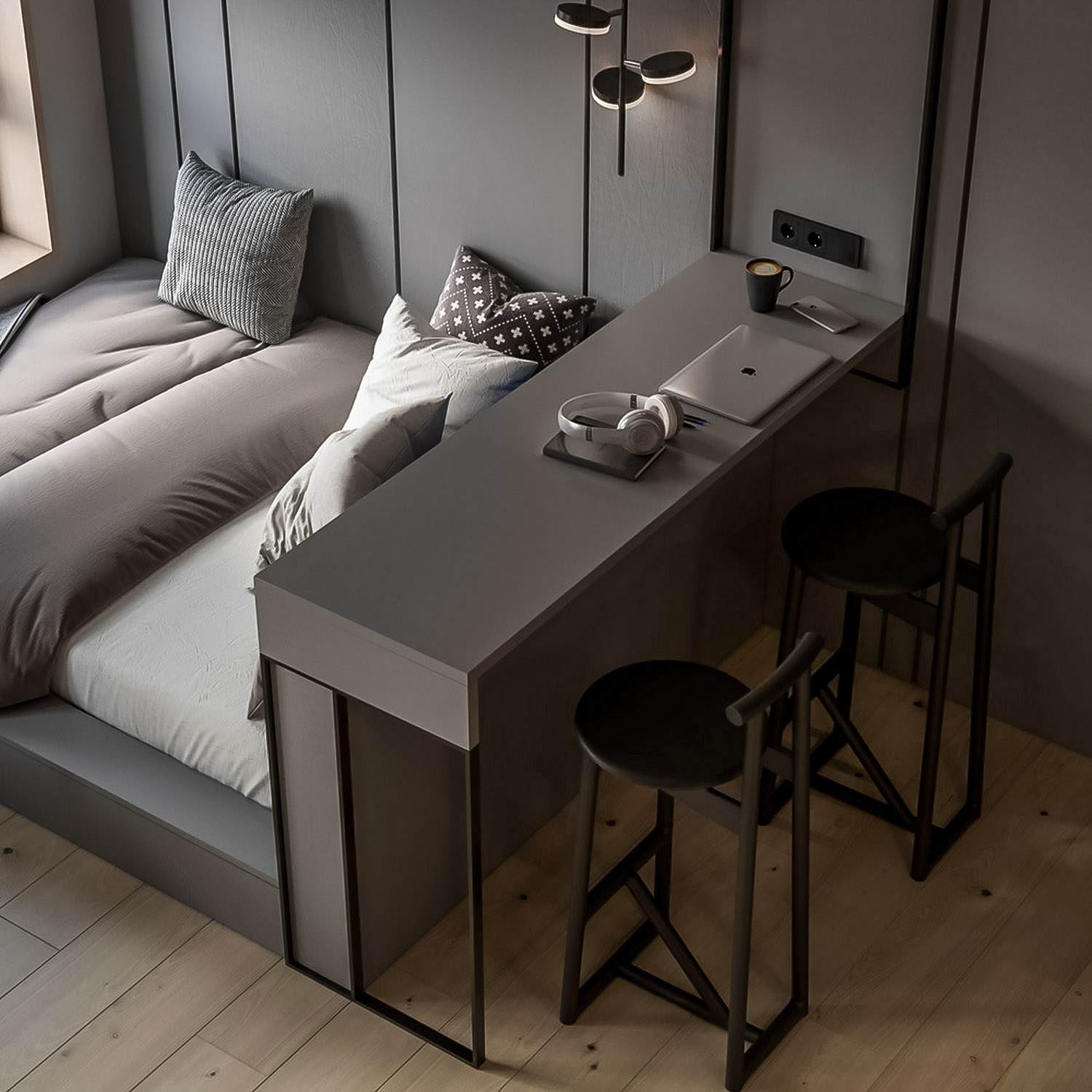 Fiatal jogász férfi mini lakása, stílusos, szigorú, igényes tér 24m2-en Fiatal jogász férfi mini lakása, stílusos, szigorú, igényes tér 24m2-en