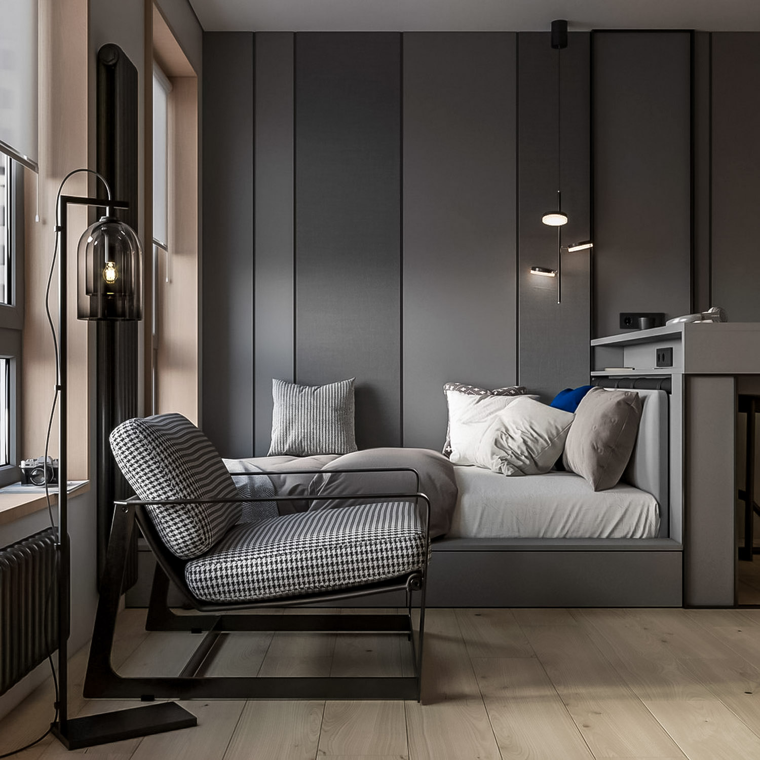 Fiatal jogász férfi mini lakása, stílusos, szigorú, igényes tér 24m2-en Fiatal jogász férfi mini lakása, stílusos, szigorú, igényes tér 24m2-en