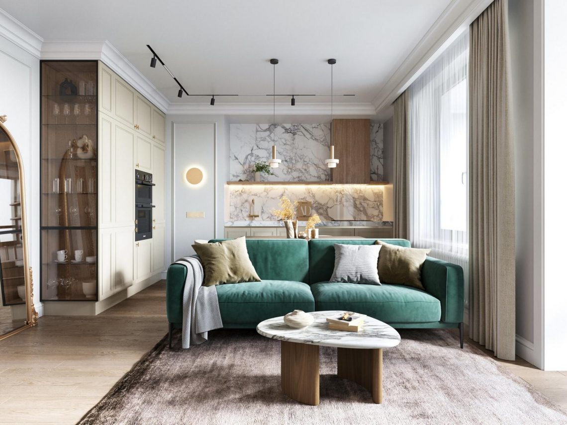 Friss, időtálló modern klasszikus stílus háromfős család kényelmes otthonában