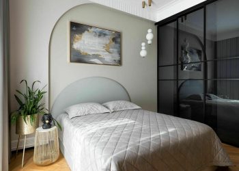 Harmonikusan összefonódó íves formák és stílusos részletek fiatal nő garzonlakásában